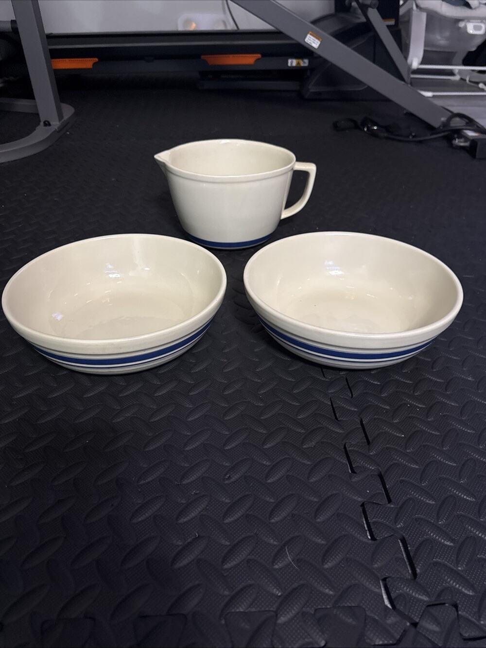 Roseville, Ohio Pottery "Blue Stripe" Mixing Bowl & Serving Bowls